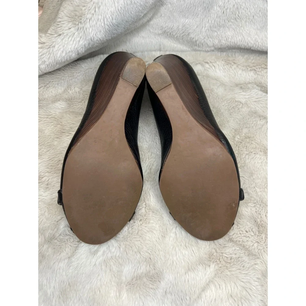 Tory Burch Womens Peep Toe Wedge Heels Logo Medallion Black 7.5